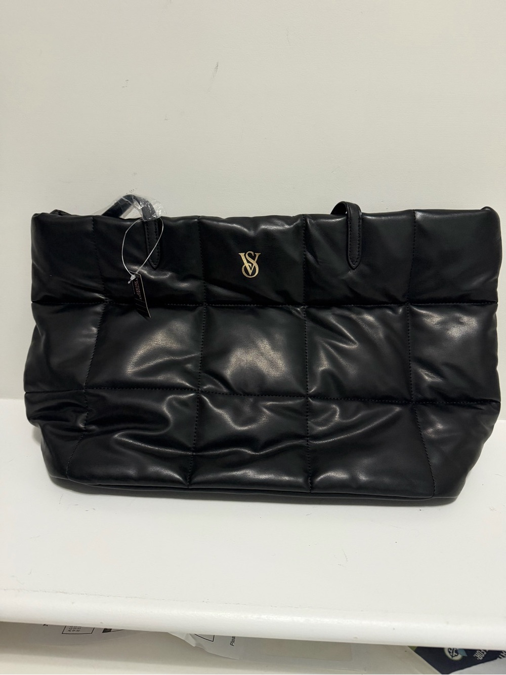 NWT Victoria's Secret Black Quilted Leather Tote with Gold VS Logo